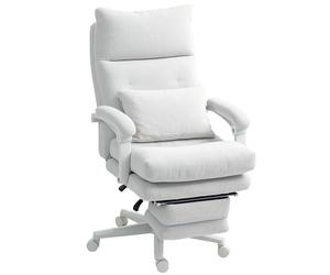 HOMCOM Chaise de bureau ergonomique avec support lombaire - Dossier haut - Repose-pieds - Chaise pivotante réglable en hauteur avec aspect lin - Chaise d'ordinateur rembourrée - Blanc crème