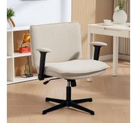 HOMCOM Chaise de Bureau Jambes Croisées avec Accoudoirs Rabattables Siège Large sans Roues Hauteur Réglable Pivotante Crème