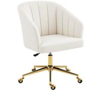HOMCOM Chaise de Bureau réglable en Hauteur avec Cadre doré Crème | Aspect velours, roulettes pivotantes, dossier matelassé, 120kg, fauteuil bureau, pour table maquillage chambre