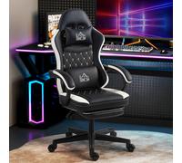 HOMCOM Chaise de jeu avec repose-pieds, chaise d'ordinateur avec coussin de tête & coussin, revêtement en similicuir, pivotante, réglable en hauteur, métal, plastique, noir+blanc