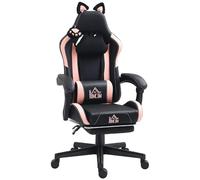 HOMCOM Chaise de jeu ergonomique avec oreilles de chat, fauteuil de jeu, bureau inclinable en simili cuir avec repose-pieds, appuie-tête et hauteur réglable, support lombaire et cervical, noir