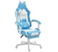 HOMCOM Chaise de jeu ergonomique avec oreilles de chat, fauteuil de jeu, bureau inclinable en simili cuir avec repose-pieds, appuie-tête et hauteur réglable, support lombaire et cervical, bleu clair
