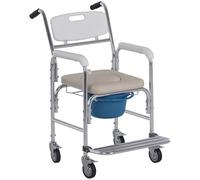 HOMCOM Chaise percée à roulettes - fauteuil roulant percé - chaise de douche - seau amovible, accoudoirs, repose-pied - acier chromé HDPE blanc