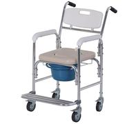 HomCom Chaise percée à roulettes, seau amovible, accoudoirs, repose-pied, acier chromé HDPE Blanc G