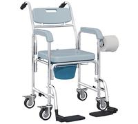 HOMCOM Chaise percée adulte à roulettes 4 en 1, chaise percée toilette de douche, repose-pieds, accoudoirs, pot amovible, pour personnes âgées, handicapés et patients, imperméable, aluminium, gris