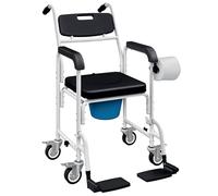 HOMCOM Chaise percée adulte à roulettes 4 en 1, chaise percée toilette de douche, repose-pieds, accoudoirs, pot amovible, pour personnes âgées, handicapés et patients, imperméable, aluminium, noir