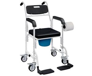 HOMCOM Chaise Percée Adulte à Roulettes 4 en 1 Imperméable Aluminium Noir | Chaise Percée Toilette de Douche, Repose-Pieds, Accoudoirs, Pot Amovible, pour Personnes Âgées, Handicapés et Patients