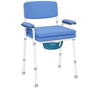 HOMCOM Chaise Percée Toilette, Chaise de Toilette Antidérapante, Chaise Pot de Chambre Adulte 5-1 Multifonctions, Hauteur Réglable, Seau Amovible - Dossier, Siège et Accoudoirs Rembourrés, Bleu Clair