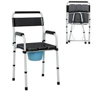 HOMCOM Chaise percée toilette pliable, chaise de toilette antidérapante, chaise pot de chambre adulte 4 en 1, hauteur réglable, seau amovible, siège et accoudoirs rembourrés, charge 150 kg, noir
