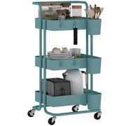 HOMCOM Chariot à 3 Niveaux desserte étagère de Rangement à roulettes avec 4 Crochets et 3 boites suspendues Amovibles pour Salle de Bain, Cuisine, Bureau 42 x 38 x 86,5 cm - Bleu-Vert