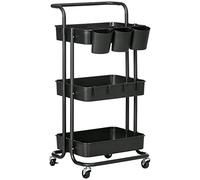 HomCom Chariot 3 niveaux – Rangement, roulettes, 4 crochets, 3 boîtes amovibles – Noir