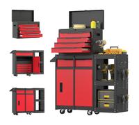HOMCOM Chariot à outils avec 5 tiroirs 3 en 1, boîte d'atelier métallique avec support latéral, armoire inférieure, panneaux perforés, serrure, poignée, 2 roues avec frein de blocage, noir et rouge