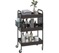 HOMCOM Chariot, chariot de service à 3 étagères, 2 paniers suspendus, chariot de rangement avec poignée, chariot de cuisine, chariot d'appoint pour cuisine, salon, acier, noir