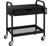 HOMCOM Chariot, chariot de service avec 1 tiroir, 1 étagère, chariot de cuisine Chariot de rangement avec crochets, chariot d'appoint pour cuisine, salon, acier, noir