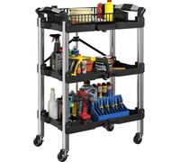 HOMCOM Chariot d'atelier à 3 plateaux, pliable Chariot à outils avec poignée, chariot de montage Chariot d'atelier pour entrepôt, garage, charge maximale 68 kg, noir