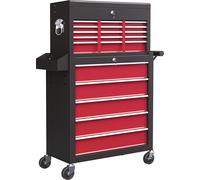 HOMCOM Chariot d'atelier à roulettes, chariot à outils avec 14 tiroirs, verrouillable Chariot de montage avec paroi latérale perforée, tapis EVA, chariot mobile, rouge