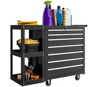 HOMCOM Chariot d'atelier avec 7 tiroirs amovibles, étagère latérale verrouillable, compartiment à outils avec 4 roues avec frein de stationnement, tapis antidérapant, 2 clés, poignée, acier, Noir