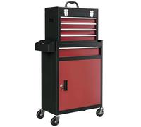 HOMCOM Chariot d'atelier Servante d'Atelier sur roulettes, Chariot avec Caisse à Outils Amovible, 5 tiroirs et Armoire verrouillable, 60 x 28 x 105 cm Rouge