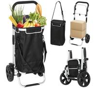 HOMCOM Chariot de Courses Pliable 40 L Caddie de Courses Portable à roulettes avec poignée télescopique réglable, Sac Amovible, Compartiment Isotherme, Chariot de magasinage en Aluminium, Noir
