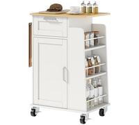HOMCOM Chariot de cuisine à roulettes, îlot de cuisine avec portes à fermeture douce, tiroir, porte-serviettes, 3 porte-épices et étagères réglables, chariot de rangement polyvalent en bois,