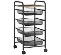 HOMCOM Chariot de cuisine avec 4 paniers, étagère de rangement avec roulettes, étagère de ménage, chariot de service pour chambre à coucher, salon, acier, noir, 41,5 x 31 x 66 cm