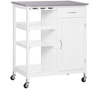 HOMCOM Chariot de cuisine avec roulettes Chariot de service avec 1 tiroir Étagères amovibles Porte-bouteilles pour 4 bouteilles et armoire pour salle à manger salon Charge 40 kg 76 x 48 x 88 cm Blanc
