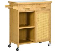 HOMCOM Chariot de cuisine avec tiroir, armoire, niveaux ouverts, chariot de service, chariot de rangement avec porte-serviettes, plateau en verre, bambou, naturel, 84 x 36 x 85 cm