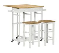 HOMCOM Ensemble Table de Bar Chariot de Cuisine Table de Cuisine Pliante roulettes + 2 tabourets Blanc et Bois Clair - 2 tiroirs et Porte-torchons