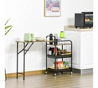 HOMCOM Chariot de Cuisine Chariot de Service avec 1 Table Pliante, 2 Tablettes et 1 Étagère Ouverte Roues Réglables Marron Rustique 118x36,5x82cm