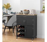 HOMCOM Chariot de Cuisine en Bois avec Porte-bouteilles, 3 Portes et Tiroir, 67x37x87 cm, Noir et Chêne