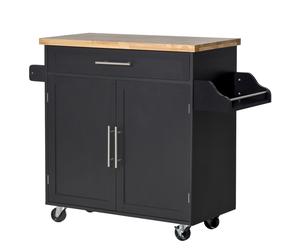 HOMCOM Chariot de Cuisine Polyvalent avec Tiroir, Roues, Porte-Épices et Armoire, Meuble de Cuisine avec Étagère Réglable, Porte-Serviettes et Plateau en Bois de Caoutchouc, 109x40x89 cm, Noir