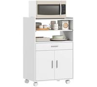 HOMCOM Chariot de Cuisine sur roulettes, desserte Micro-Onde à roulettes avec Plan de Travail, étagères Ouvertes, tiroir et Placard, Meuble de Rangement pour Micro-Ondes, 59 x 40 x 92 cm, Blanc