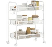 HOMCOM Chariot de Rangement à 3 Niveaux, desserte à roulettes avec paniers Amovibles et 4 Crochets, Cadre en Acier, Chariot de Cuisine, Salle de Bain, Salon, Espace étroit, 45 x 26,5 x 63 cm, Blanc