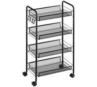 HOMCOM Chariot de Rangement à 4 Niveaux, desserte à roulettes avec paniers Amovibles et 4 Crochets, Cadre en Acier, Chariot de Cuisine, Salle de Bain, Salon, Espace étroit, 45 x 26,5 x 84 cm, Noir