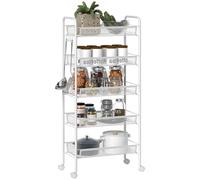 HOMCOM Chariot de Rangement à 5 Niveaux, desserte à roulettes avec paniers Amovibles et 4 Crochets, Cadre en Acier, Chariot de Cuisine, Salle de Bain, Salon, Espace étroit, 45 x 26,5 x 106 cm, Blanc