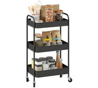 HOMCOM Chariot de rangement à roulettes à 3 niveaux - Chariot de rangement en métal - Chariot roulant Ultility avec 3 paniers en maille pour salon, cuisine - Noir