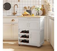 HOMCOM Desserte de Cuisine Multi rangements 2 placards tiroir casier 9 Bouteilles MDF Blanc Plateau Bois Caoutchouc