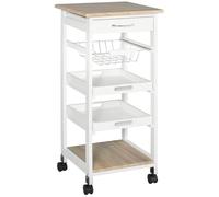 HomCom Desserte de cuisine à roulettes – 2 plateaux amovibles, panier, tiroir, étagère chêne clair