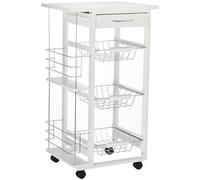 HomCom Desserte de cuisine à roulettes, 3 paniers métal, tiroir, 2 range-bouteilles, pin blanc