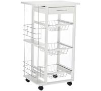 HomCom Desserte de cuisine à roulettes, 3 paniers métal, tiroir, 2 range-bouteilles, pin blanc
