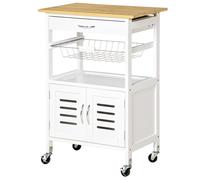 HOMCOM Chariot de service desserte de cuisine à roulettes meuble de rangement avec plateau en bambou panier en métal et armoire
