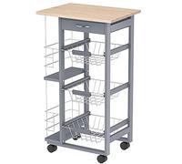 HOMCOM Chariot de Service desserte de Cuisine à roulettes Multi-rangements 3 paniers métal tiroir + 2 Range-Bouteilles Bois pin Gris