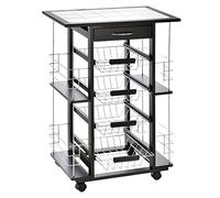 HOMCOM Chariot de Service desserte de Cuisine à roulettes Multi-rangements 4 paniers métal tiroir + 4 Range-Bouteilles Bois pin Noir Plateau carrelé Blanc