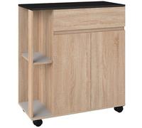 Chariot de service desserte de cuisine à roulettes multi-rangements placard double portes + 2 étagères + tiroir panneaux particules chêne noir