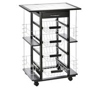 HOMCOM Desserte de cuisine 4 paniers métal, 4 range-bouteilles bois pin, plateau carrelé blanc Noir