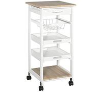 HOMCOM Chariot de Service desserte de Cuisine à roulettes Panier + 2 Plateaux Amovibles, tiroir, étagère MDF chêne Clair Bois pin Blanc