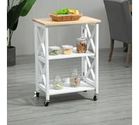 HOMCOM Chariot de service desserte de cuisine à roulettes pliante avec 2 étagères, plan de travail en bois hévéa - 60 x 40 x 84 cm - blanc
