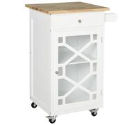 Desserte De Cuisine À Roulettes - Tiroir, Placard, Porte-Serviette - Mdf Blanc Plateau Bois Hévéa