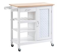 Desserte De Cuisine Style Contemporain - Porte, Tiroir, 3 Étagères - Poignées Métal Mdf Blanc Plateau Bois Pin Blanc