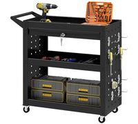 HOMCOM Chariot Outils 3 étagères, Panneaux, tiroir, Roues freinées, Noir